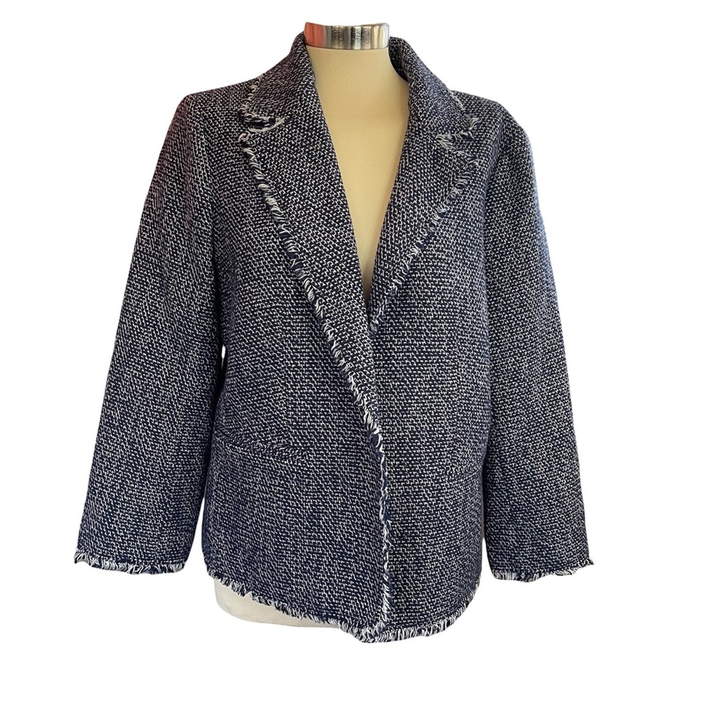 Ann Taylor Factory navy blue white tweed fringe trim blazer suit jacket size 16